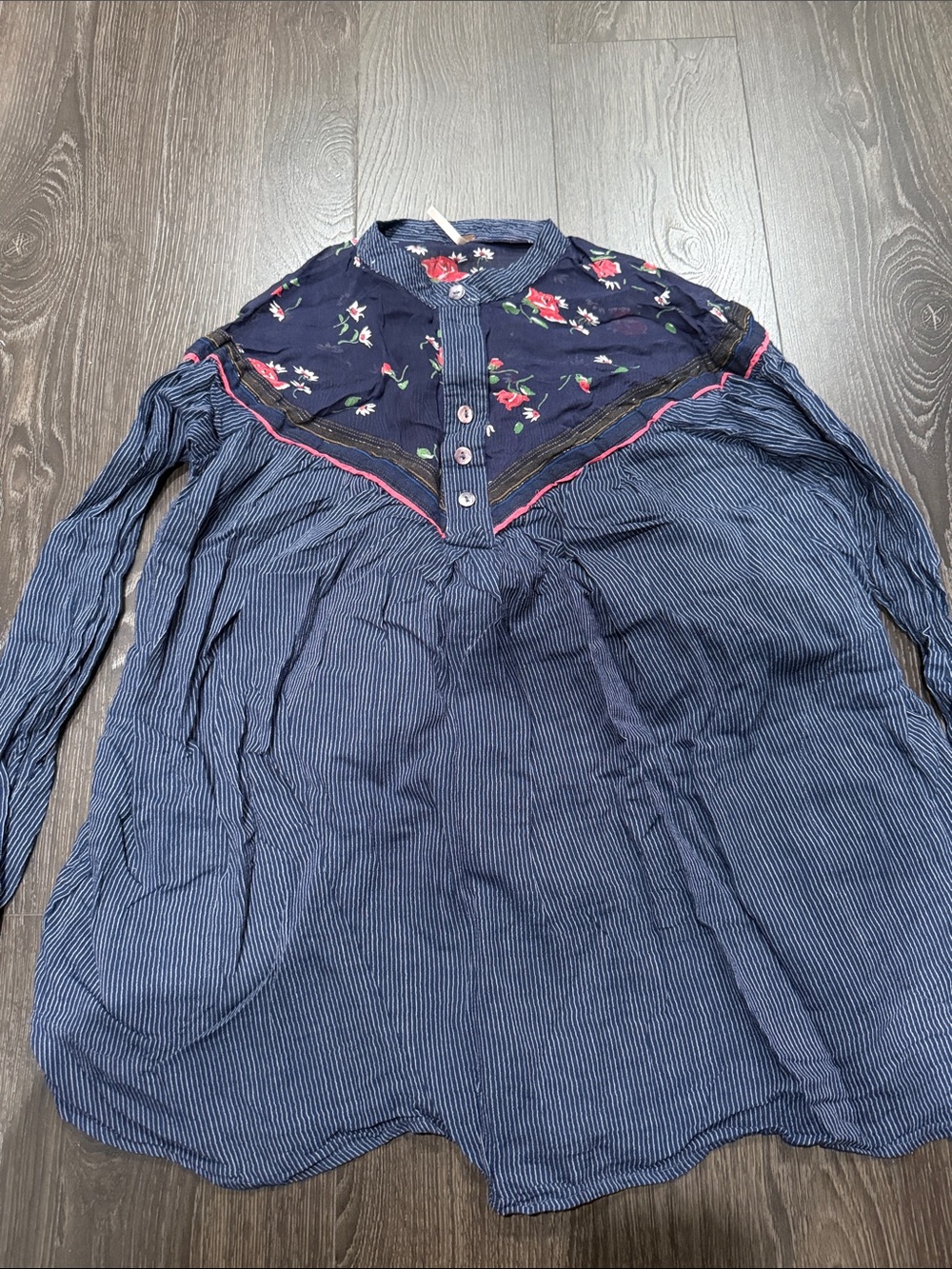 Free People Navy Blue Pinstripe Button-Up with Floral Yoke